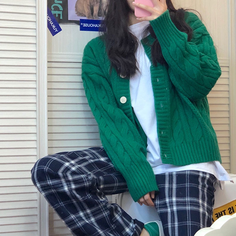 Áo Cardigan Dệt Kim Tay Dài Dáng Rộng Màu Xanh Lá Thiết Kế Mới Thời Trang Dành Cho Nữ