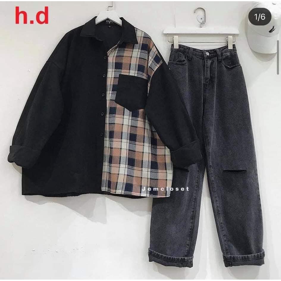 CARINA .Áo sơ mi nữ phối kẻ nâu caro form rộng dài tay đẹp, thun kiểu oversize.