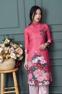 Set áo dài gấm hoa mẫu đơn đỏ