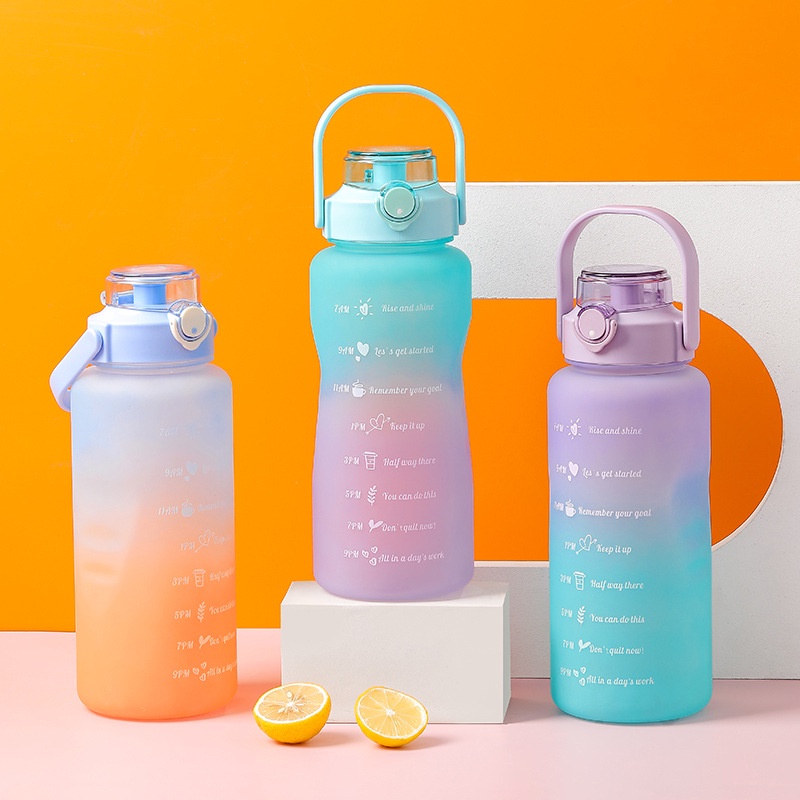 Dễ thương Bình nước 2 lít tặng Sticker dành cho người lười uống nước bình nước cute 2L có ống hút, vạch chia nhắc giờ