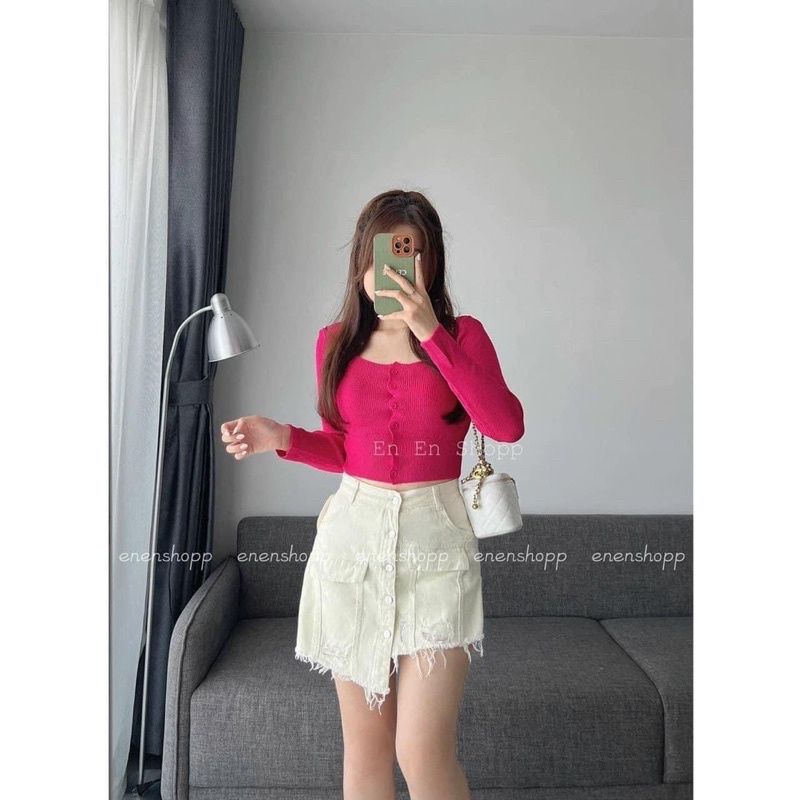 ÁO LEN CỔ VUÔNG KHUY DỌC DÀI TAY DÁNG NGẮN SEXY MS11672 (i2-5)