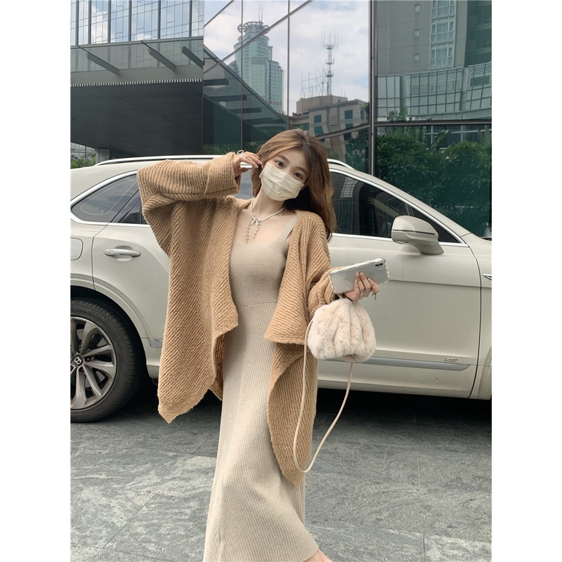 Áo Khoác cardigan Dệt Kim Màu Cà Phê + Đầm Sát Nách Dệt Kim Thiết Kế Mới Thời Trang Dành Cho Mùa Thu