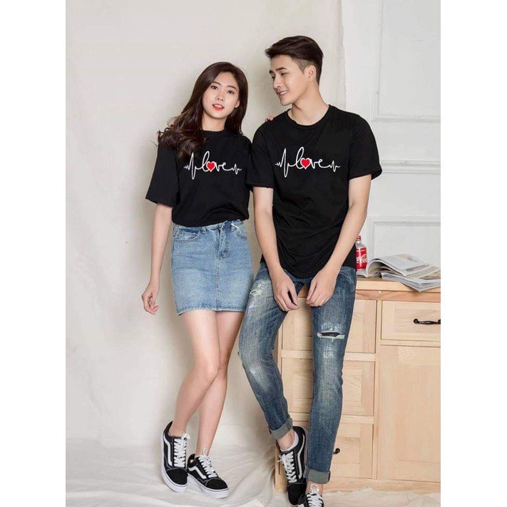 Áo đôi nam nữ, áo thun cặp in hình nhịp tim dễ thương chất cotton thoáng mát