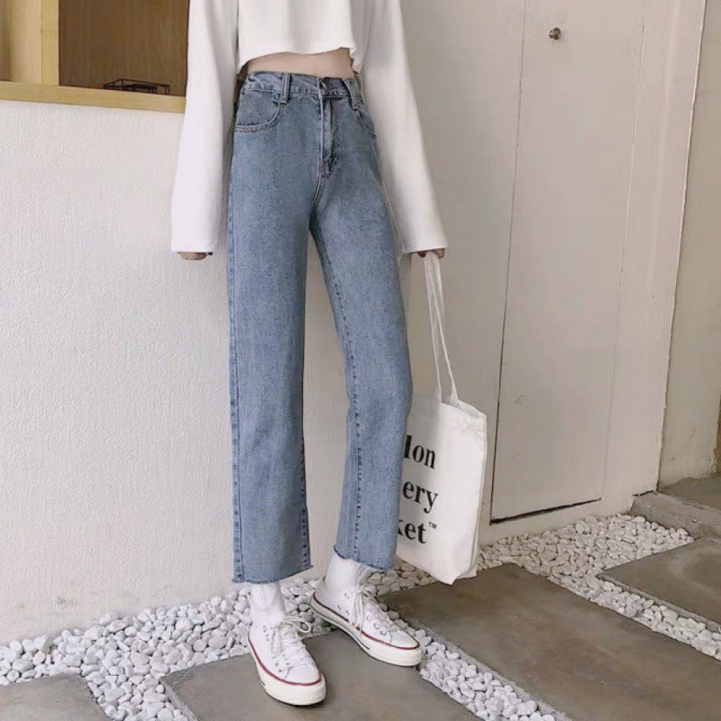 Quần jean bò ống rộng suông xuông nữ jeans cạp cao phong cách Hàn Quốc sành điệu style năm 2021j