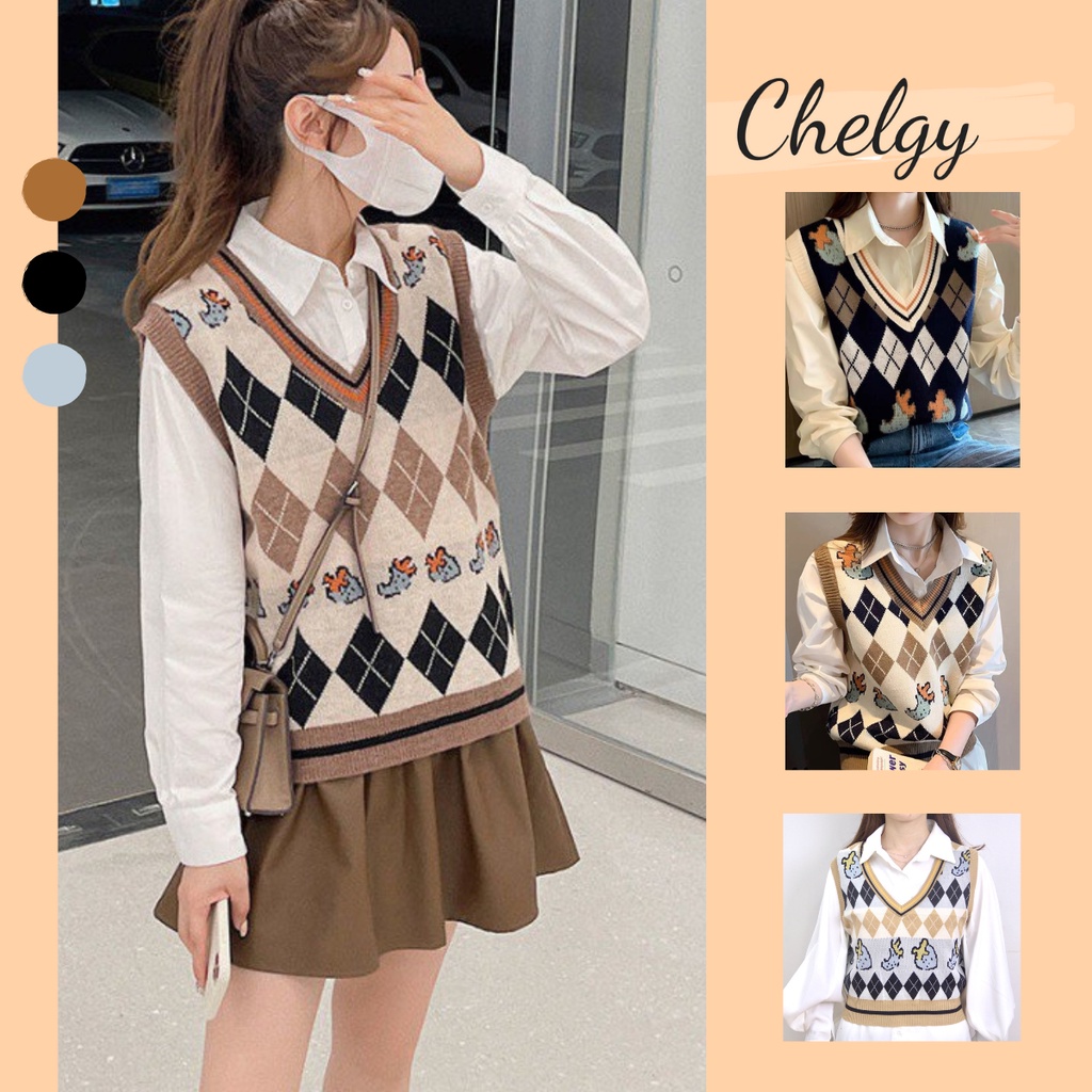 Áo Gile nữ Chelgy len họa tiết thổ cẩm hình thoi to dáng xuông 3 màu nâu, đen, xanh freesize mùa thu đông CG-GLTC102
