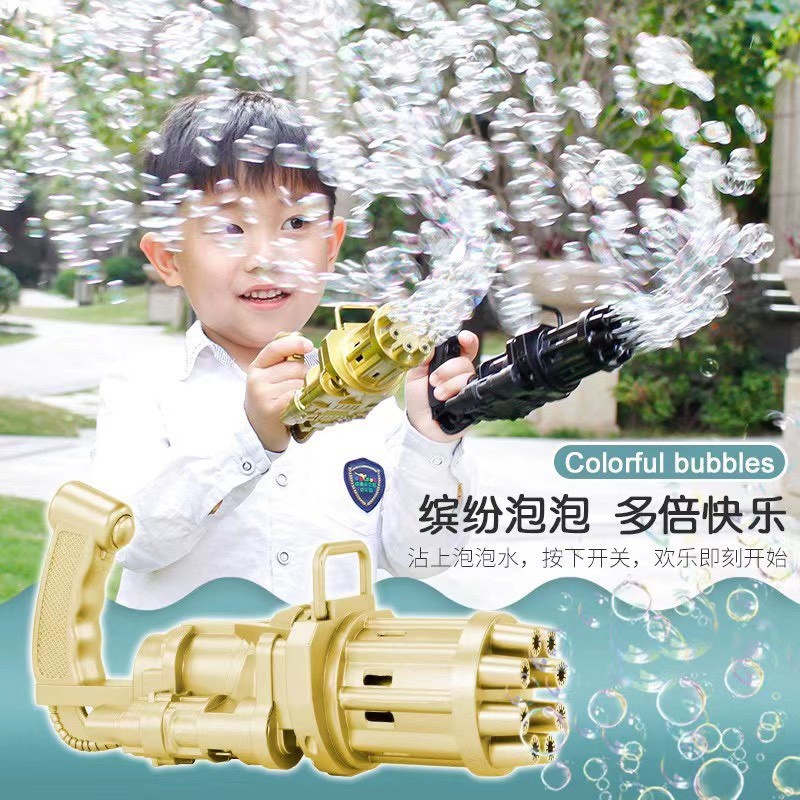 thổi bong bóng xà phòng siêu ngầu 8 nòng dùng pin kèm 1 khay đựng và 1 chai nước tạo bọt cho bé 105