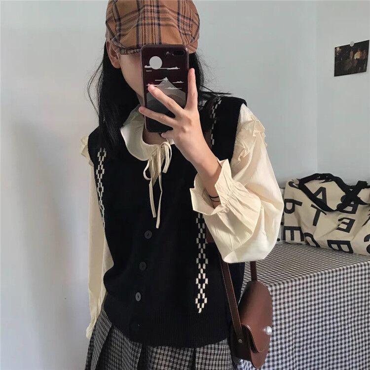 Áo len ZHELIHANGFEI không tay dáng rộng họa tiết kim cương theo phong cách đi học dễ phối đồ