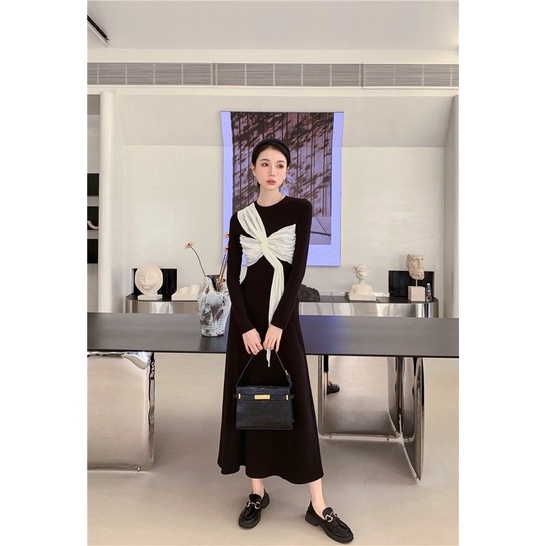 Đầm tay dài nơ ren dáng xoè koreastyle