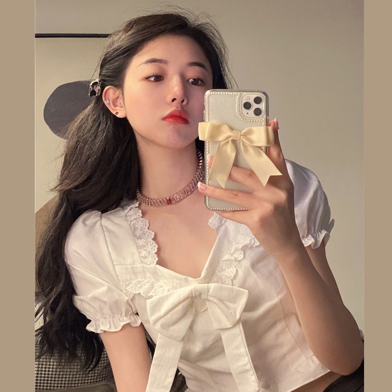 IELGY Áo Sơ Mi Trắng Tay Ngắn Phồng Cổ Vuông Phong Cách Pháp Thời Trang Mùa Hè Cho Nữ