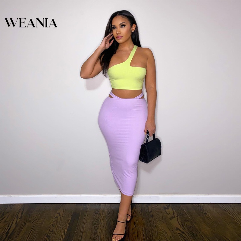 Set Áo Tank Top Màu Trơn Và Chân Váy Lưng Cao Thời Trang Cho Nữ