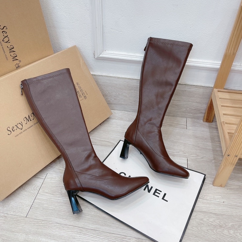 Bốt boot đùi lửng da lì viền chỉ gót trụ fullbox hàng quảng châu cao cấp