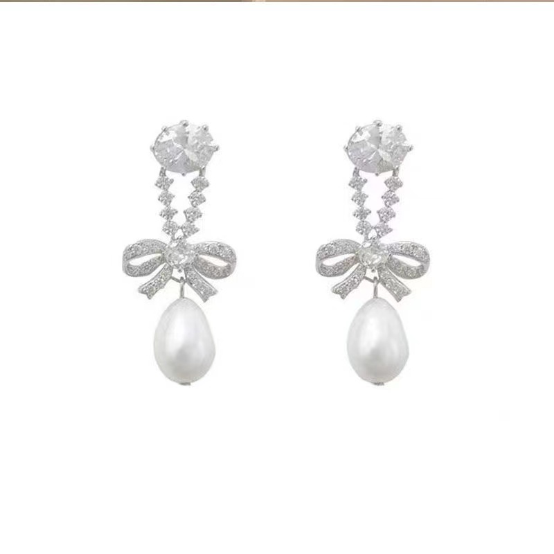 Bông Tai Mạ Bạc 925 Hình Nơ Đính Ngọc Trai Cao Cấp Phong Cách Hàn Quốc