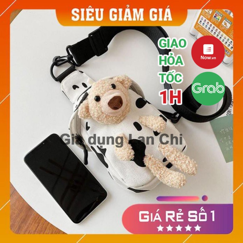 [Freeship] Túi đeo chéo kèm gấu bông, Túi Tote gấu bông xinh - Có lỗ thông tai nghe màu bò sữa, đốm bò sữa