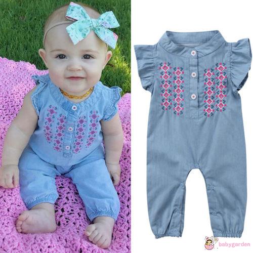 Bộ Áo Liền Quần Cổ Tròn Không Tay Thêu Họa Tiết Phối Bèo Thoáng Khí Cho Bé Gái 0-2 Tuổi