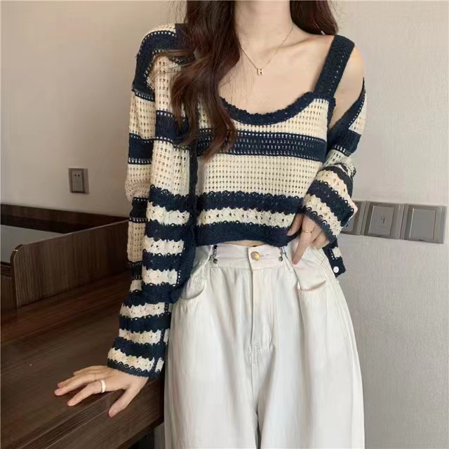 SUXI Set Áo Hai Dây Kẻ Sọc Ôm Dáng + Áo Khoác Cardigan Phong Cách Hàn Quốc Cho Nữ