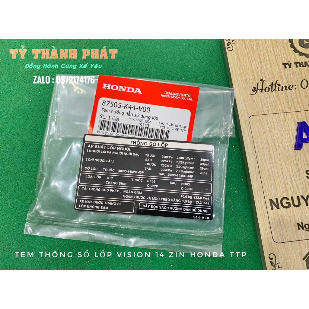 Tem thông số lốp Vision 14