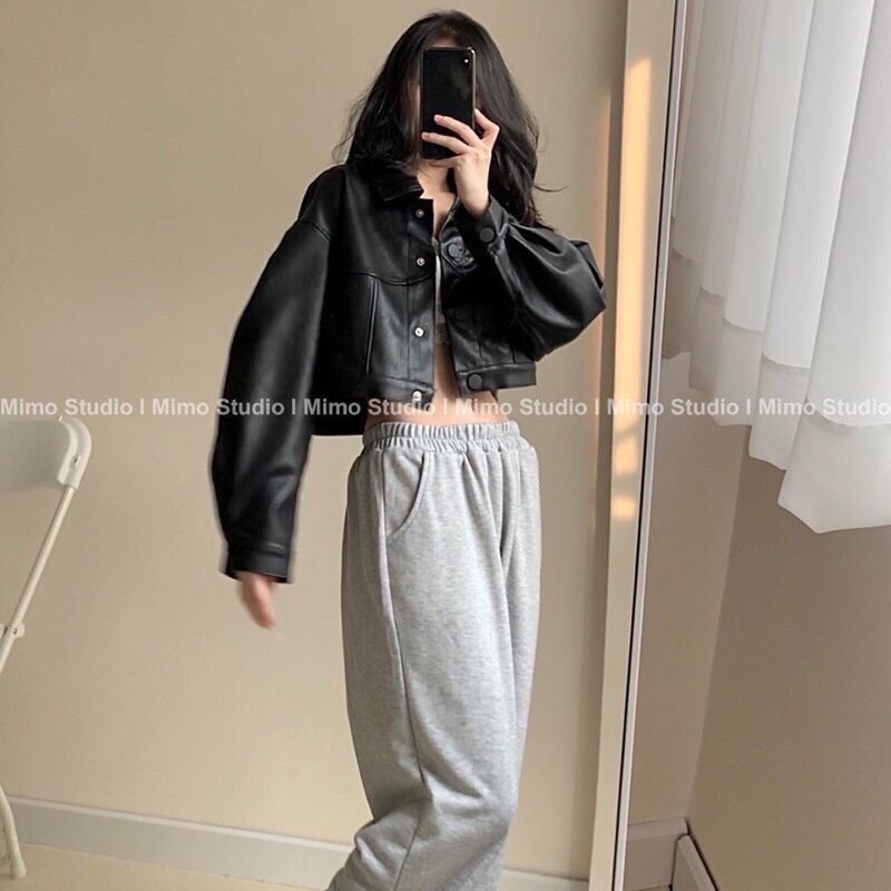 [Hàng Đẹp] Áo Khoác Da Croptop Nữ [FREESHIP]  Jacket biker tay bồng cá tính màu đen, khoát dáng ngắn thể thao Ulzzang
