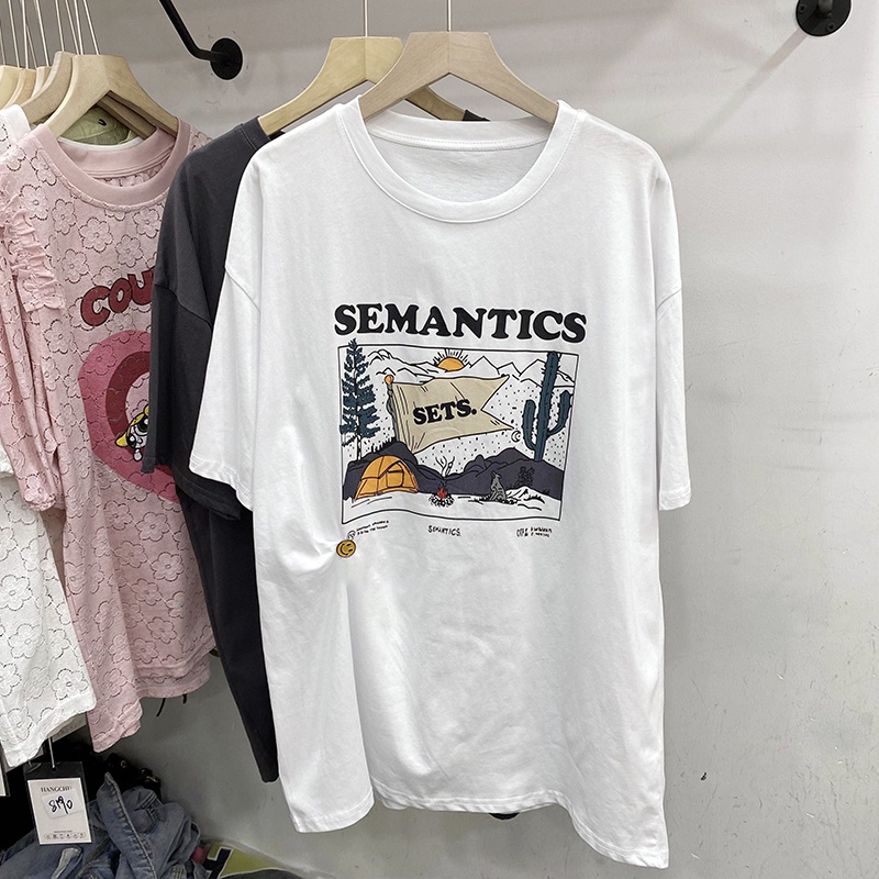 Áo Thun HIIXIIVI 100% cotton Tay Ngắn Cổ Tròn In Hình Hoàng Hôn Thời Trang Mùa Hè Phong Cách Hàn Quốc Cho Nữ 2022