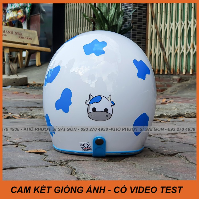 GIỐNG ẢNH -  Mũ bảo hiểm 3/4 trắng lót xanh dương lên sticker bò sữa xanh siêu cute - Nón 3/4 bò sữa xanh dương đi phượt