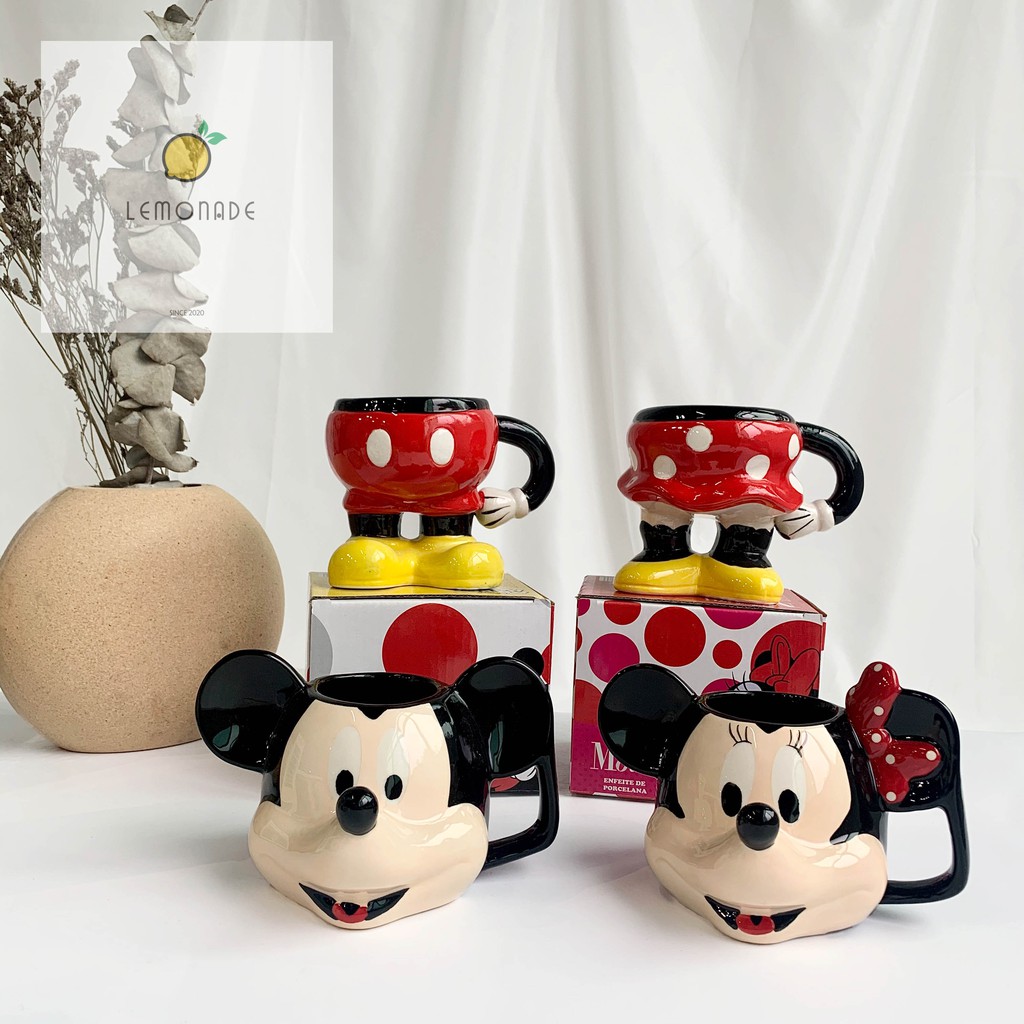 Ly sứ cốc sứ Disney cao cấp chính hãng có quai cầm tay hình Mickey Minnie chấm bi trắng cho nam nữ cặp đôi