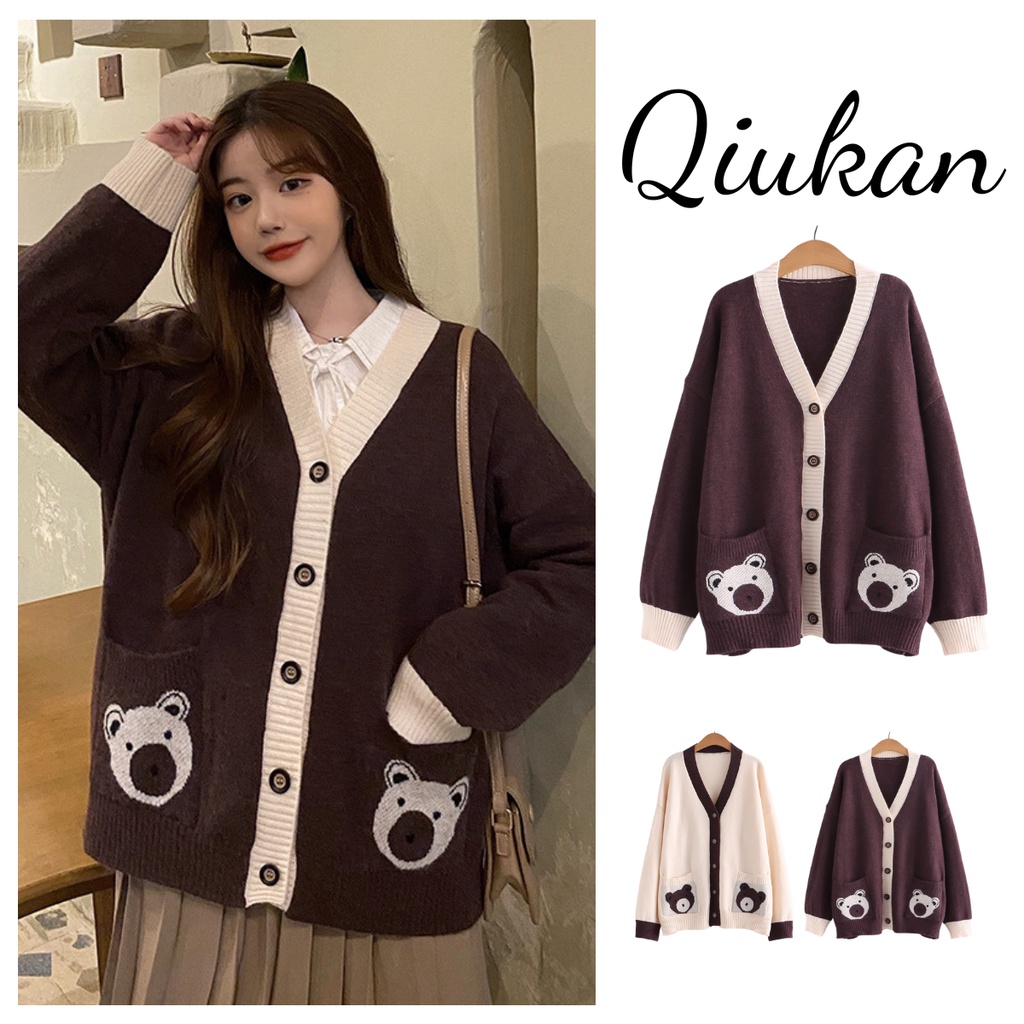 Áo cardigan nữ túi gấu chất len dày cao cấp, Áo khoác len dài tay nữ form rộng hai màu trắng nâu