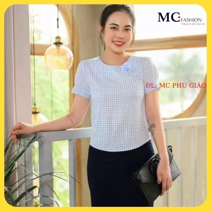 Áo Kiểu Tay Cộc Kẻ Sọc Caro Công Sở Mc Fashion Màu Cam Xanh Cổ Tròn TA971