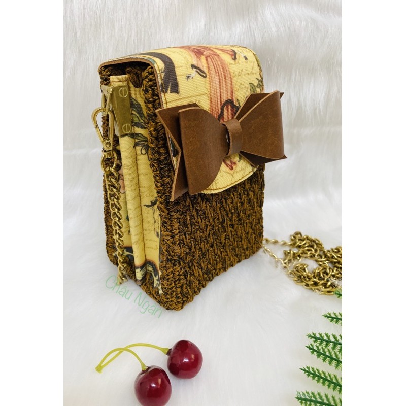 Túi mini handmade len phối da nơ
