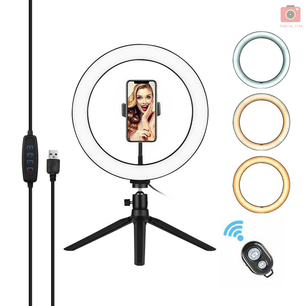 【fash】10 Inch LED Ring Light with Tripod Stand Phone Holder Remote Control 3200K-5500K Dimmable Table Camera Light Lamp 3 Light Modes & 10 Brightness Level for YouTube Video Photo Studio Live Stream Portrait Makeup Photography
