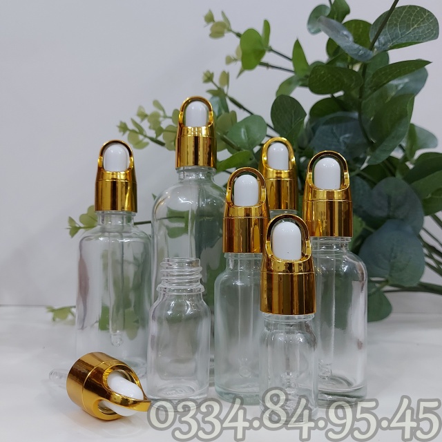 Chai thủy tinh TRONG nắp bóp quai xách vàng, giỏ hoa 5ml 10ml 15ml 20ml 30ml 50ml 100ml - Lọ chiết tinh dầu, đựng serum.