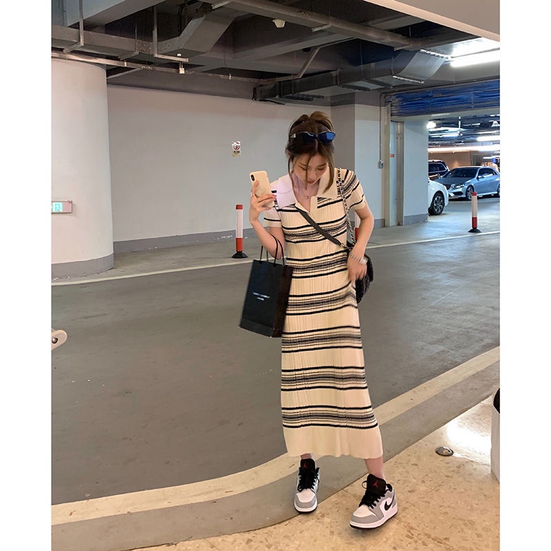 Đầm Dệt Kim Cổ Polo Tay Ngắn Họa Tiết Kẻ Sọc Phong Cách Hàn Quốc Thời Trang Mùa Hè Dành Cho Nữ 2022