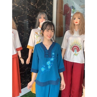 Đồ lam - Áo lam - Cổ V 3 Nút Đũi