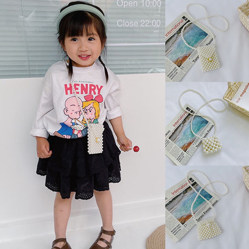 Túi đeo chéo mini đính ngọc trai giả thời trang dễ thương cho bé gái