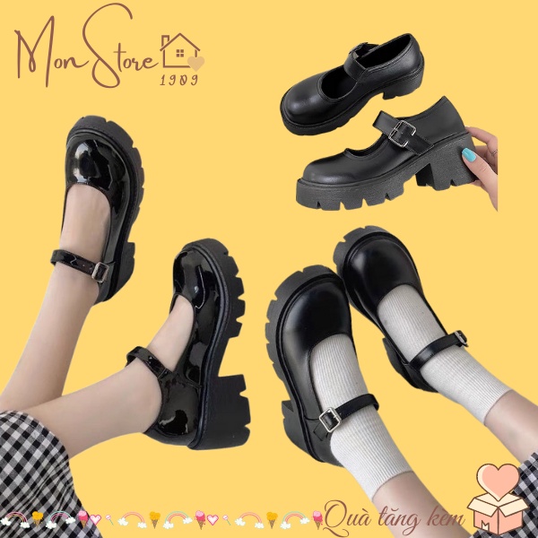 Giày Mary Jane Quai Cài, Giày Lolita Vintage Ulzzang Nữ Da Bóng Da Lì Phong Cách Hàn Quốc Cao 6cm
