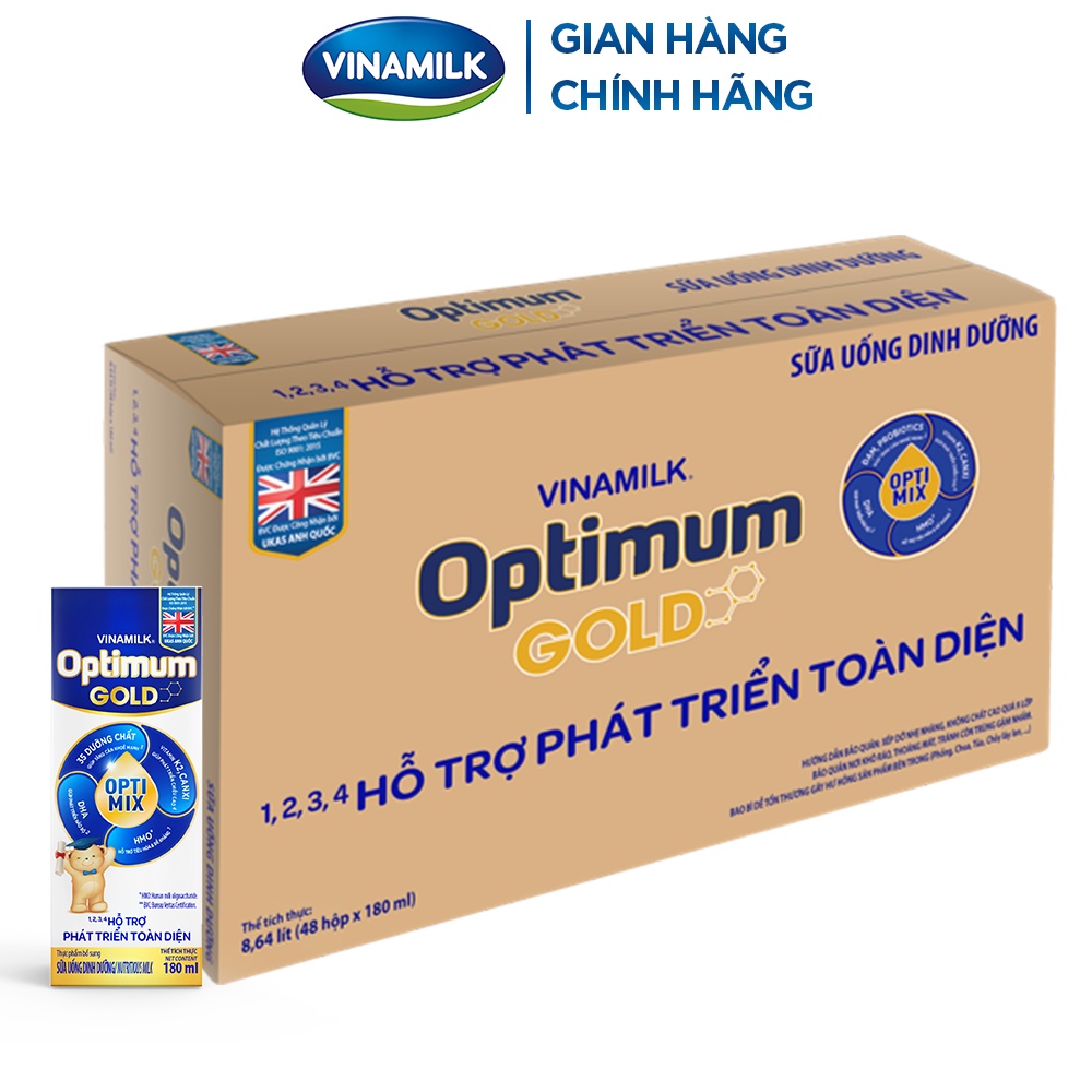 Thùng 48 hộp sữa bột pha sẵn Vinamilk Optimum Gold 180ml - Sữa nước hỗ trợ Tăng khả năng hấp thu, sức đề kháng