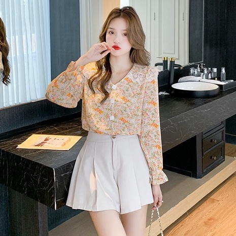 Áo chiffon dáng rộng tay dài họa tiết hoa thời trang dịu dàng cho nữ viền ren cổ