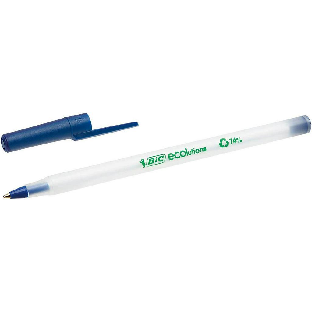 COMBO 4 BÚT BI BIC Ecolutions Round Stic Ballpoint Pen Tapping MỰC XANH THÂN TRẮNG MỜ