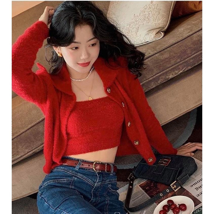 Sét áo lông hai dây cổ bẻ XONXEN SHOP QUY NHƠN, set áo len hai dây kèm cardigan mã 2291