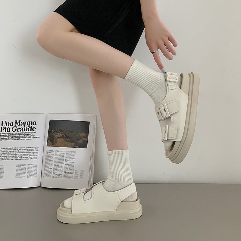 (CÓ SẴN Đen/Trắng be) Giày Sandals đế bánh mì 4.5p quai cài CAO CẤP da mềm mịn