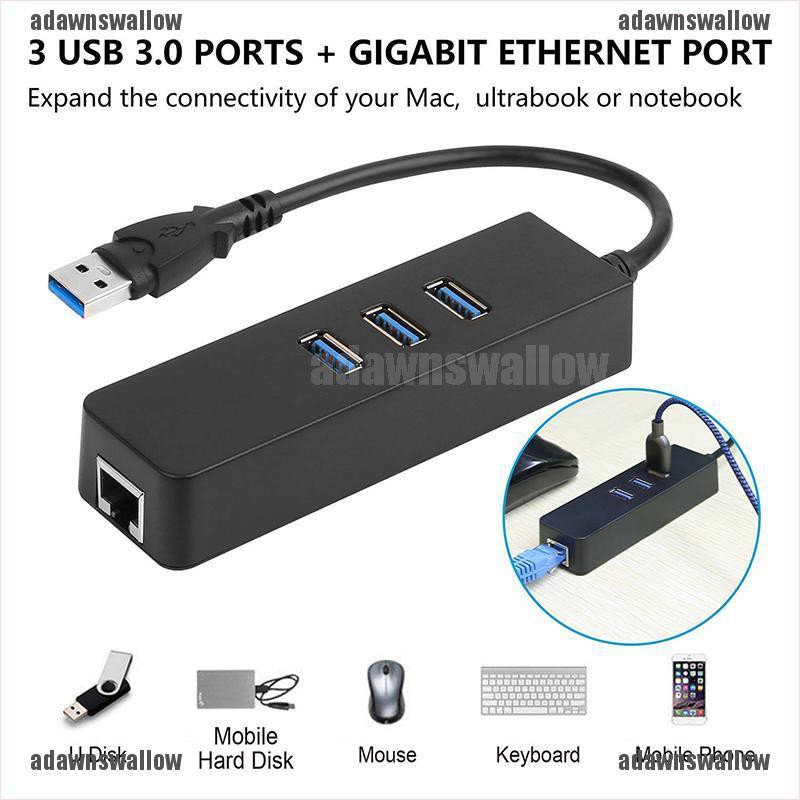 Bộ Chia 3 Cổng Usb 3.0 Gigabit Ethernet Lan Rj45 Hub Sang 1000mbps