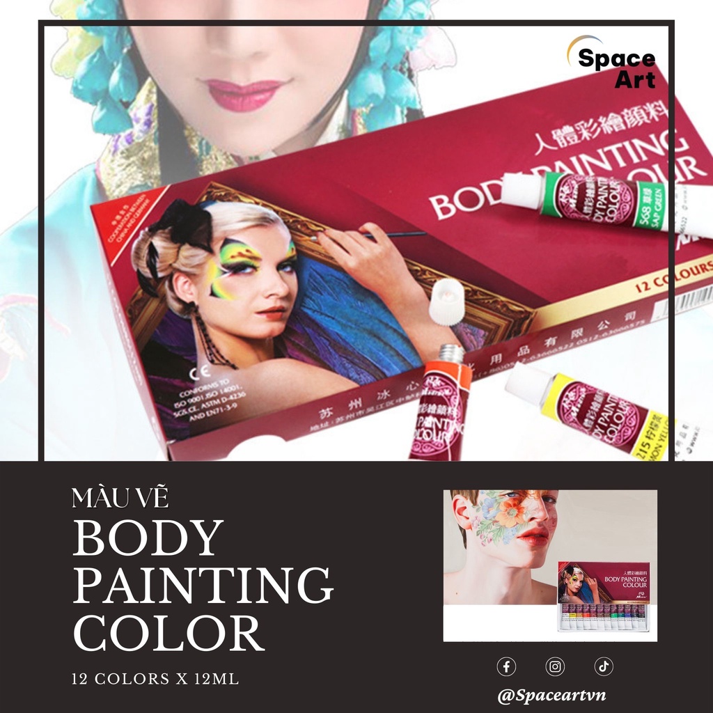 Màu Vẽ Body Painting Colour 12 màu x 12ml Màu Vẽ Mặt, Body, Trang Điểm
