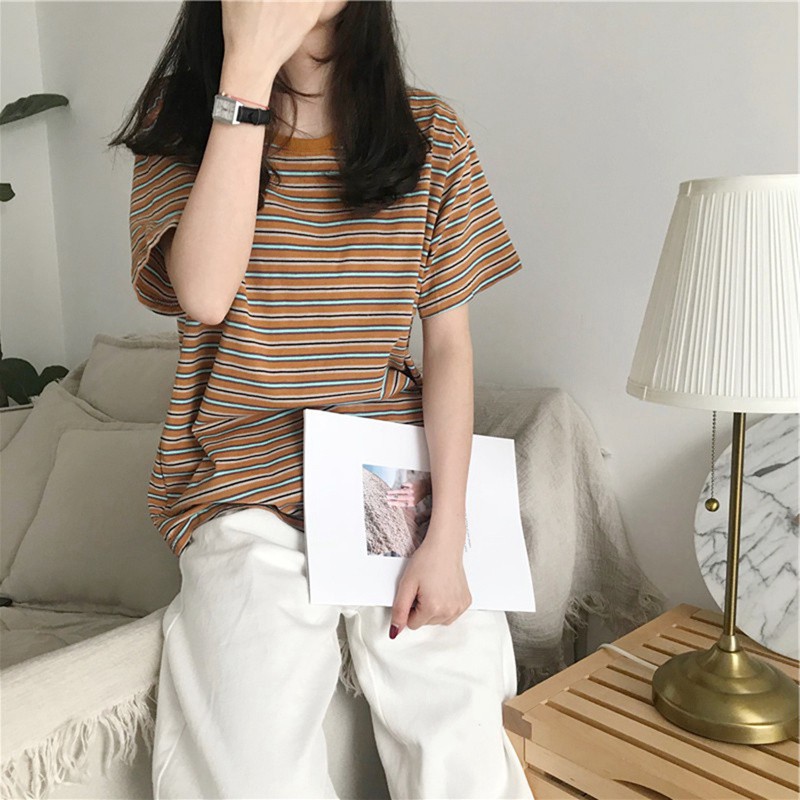 Áo thun nữ cổ tròn sọc ngang thời trang trẻ trung