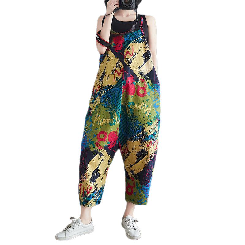 Quần Yếm Dài Đến Mắt Cá Chân Dáng Rộng Bằng Cotton Lanh In Họa Tiết Cổ Điển Dành Cho Bạn Nữ