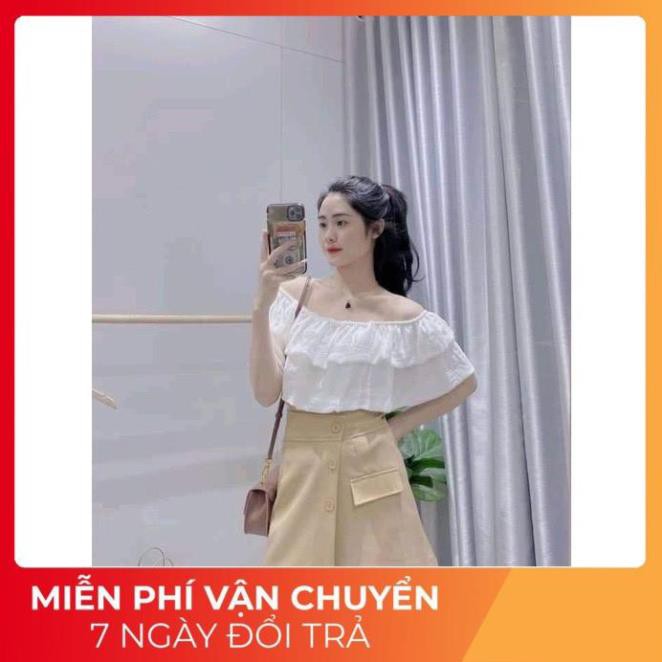 [ 𝐅𝐑𝐄𝐄 𝐒𝐇𝐈𝐏 ] Set Trễ Vai Tay Bồng Mix Chân Váy Cúc Xẻ Chữ A