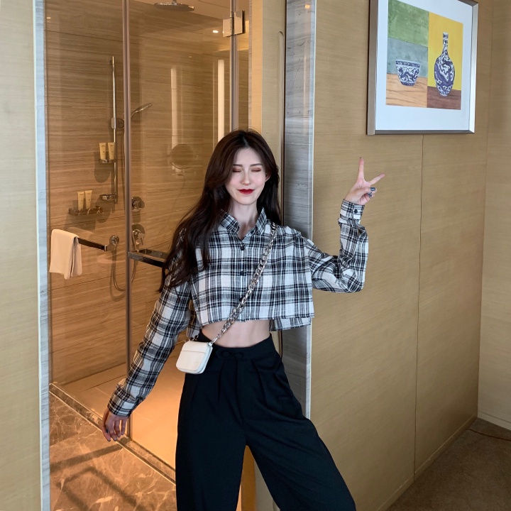 Áo Sơ Mi Croptop Tay Ngắn Họa Tiết Sọc Caro Phong Cách Retro Cho Nữ