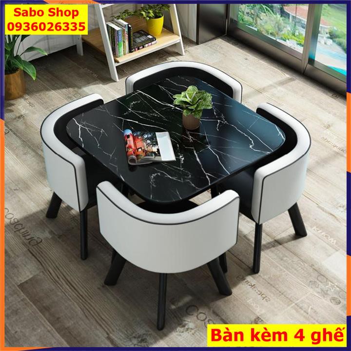 Bộ bàn ăn kèm 4 ghế, Bàn gỗ họa tiết vân đá , ghế da chân kim loại, phù hợp các căn hộ nhỏ