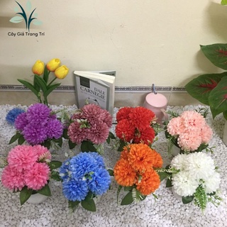 Chậu hoa giả, chậu hoa lụa cúc xù trang trí cao cấp.
