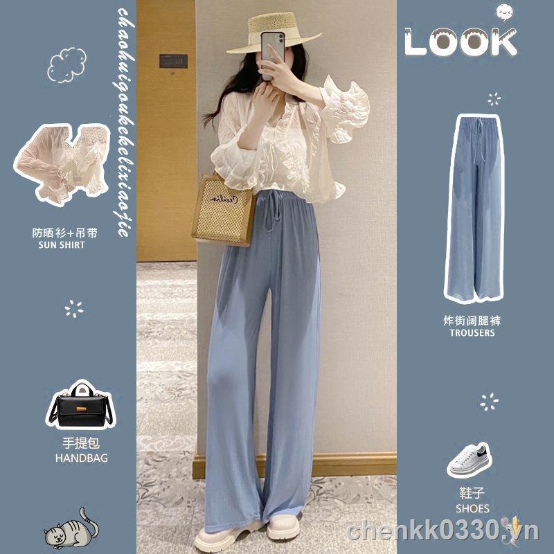 ┇♠Mùa xuân năm 2022 mới mang hương vị Hồng Kông sang trọng nhẹ nhàng phong cách sling áo chống nắng trong quần ống rộng ba mảnh phù hợp với