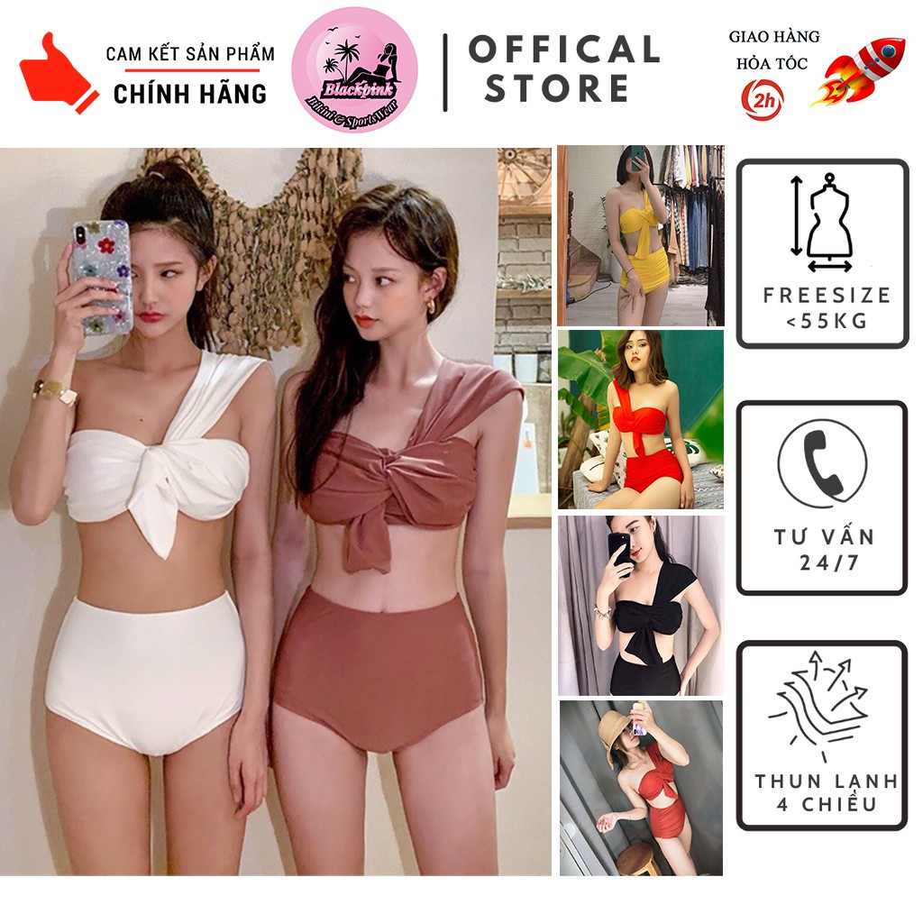 Bộ bơi bikini 2 mảnh lệch vai thắt nơ cạp cao giấu bụng tôn dáng Đồ Bơi Mút Ngực dày nâng ngực cực tốt | QP010