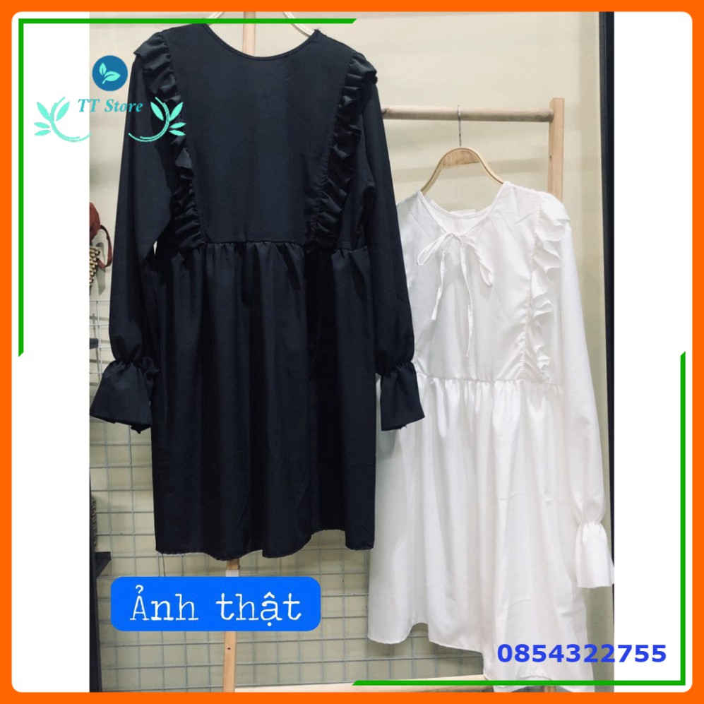 (mới) LOLI DRESS - VÁY BABYDOLL BÈO DÀI TAY TIỂU THƯ THƯ VIỀN DÂY NƠ MẶC 2 KIỂU TRƯỚC SAU - VÁY ĐẦM NỮ PHỐI BÈO BO GẤU T