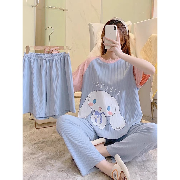 Bộ Cotton Gân Set 3 Món Mặc Nhà Màu Xanh Phong Cách Hàn Quốc Hàng QC Đẹp